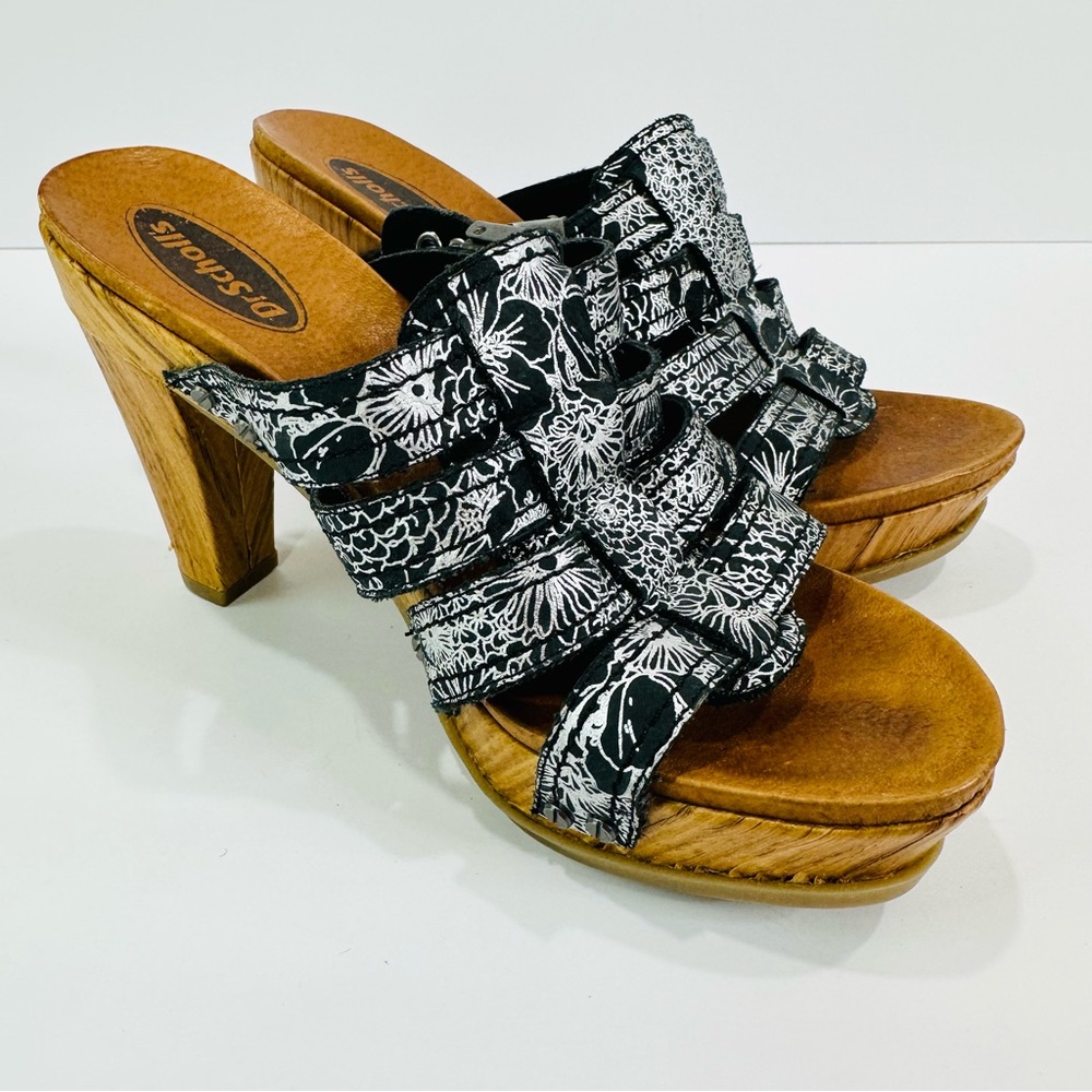 ULTRA RARE DR SCHOLL’S 3” SIZE 6 PLATFORM SANDALS BLACK WITH SILVER PATTERN - Picture 9 of 9